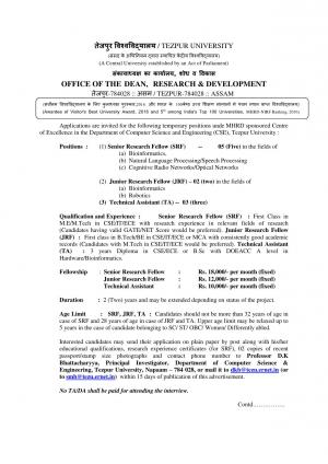 Tezpur University Recruitment 2016 for 10 JRF, SRF & Technical Assistant Posts