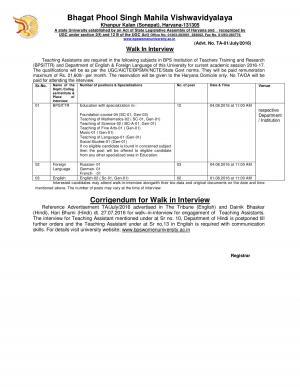 BPSMV Recruitment 2016 for 17 Teaching Assistants Posts