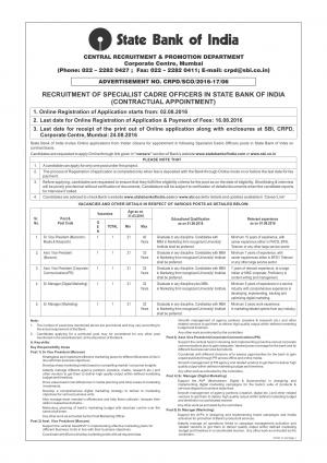 SBI Recruitment 2016 for 05 Specialist Cadre Officers Posts, Apply by 16 August through sbi.co.in