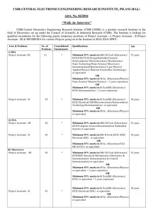CSIR-CEERI, Pilani Recruitment 2016 for 30 Project Assistant-II and Other Posts