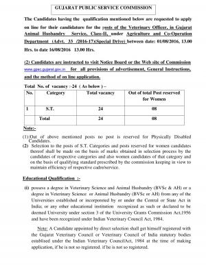 GPSC Recruitment 2016 for 32 Veterinary Officer Posts