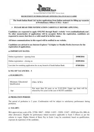 South Indian Bank Recruitment 2016 for 05 PO Posts, Apply by 05 September