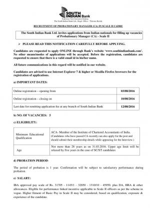 South Indian Bank Recruitment 2016 for 05 Probationary Manager (CA) Posts 