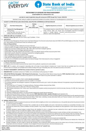 SBI Recruitment 2016 for 05 Advisor (Fraud Management) Posts