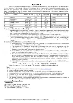 Shri Shivaji Mofat Education Society Kandhars Recruitment 2016 for 07 Asst Professor & Other Posts