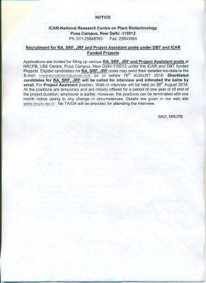 ICAR-NRCPB Recruitment 2016 for 08 JRF and Other Posts