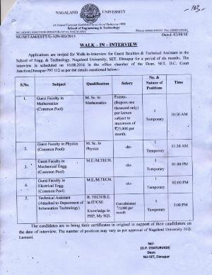 Nagaland University Recruitment 2016 for 05 Guest Faculty and Technical Assistant Posts 