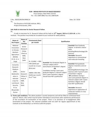 ICAR-IIMR Recruitment 2016 for 02 Senior Research Fellow Posts