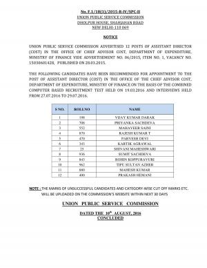 UPSC Assistant Director Recruitment 2015 