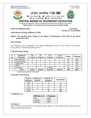 Circular released by CBSE board about Changes in Maths Paper
