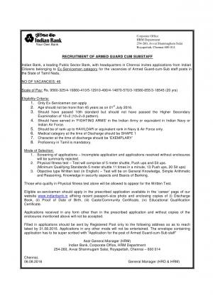 Indian Bank Recruitment 2016 for 46 Armed Guard cum Substaff Posts, Apply by 31 August