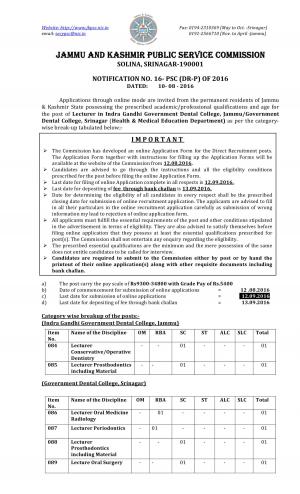 JKPSC Recruitment 2016 for 07 Lecturer Posts