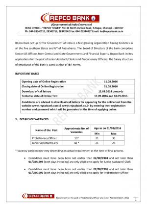 Repco Bank Recruitment 2016 for 75 PO and Junior Assistant/Clerk Posts, Apply by 31 August