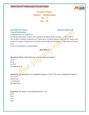 CBSE Class 9 Maths Practice Paper Set - IV