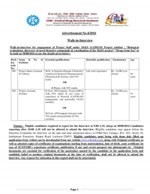CSIR-CDRI Recruitment 2016 for 04 Project Junior Assistant and Project Assistant Posts