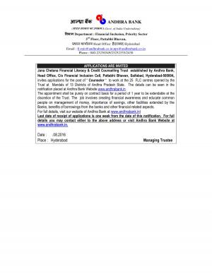 Andhra Bank Recruitment 2016 for 33 Counselor Posts, Apply by 27 August