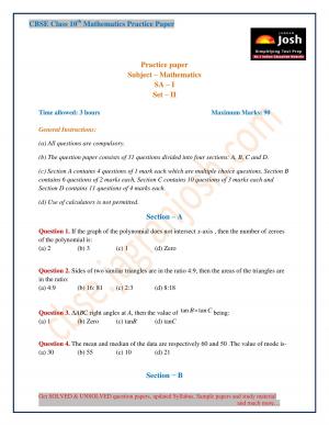 CBSE Class 10 Mathematics Practice Paper SA-I: 2016-2017 (Set-III)