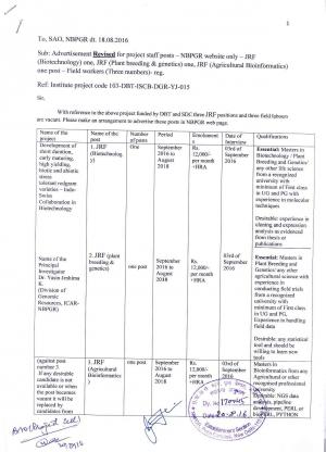 NBPGR Recruitment 2016 for 06 JRF and Field Workers Posts
