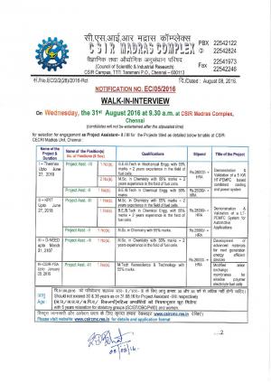 CSIR – CECRI Madras Unit Recruitment 2016 for 09 Project Assistant Posts 