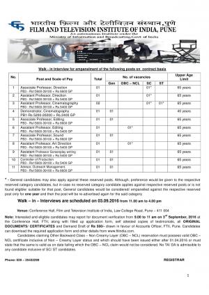 FTII Recruitment 2016 for 12 Faculty & Other Posts