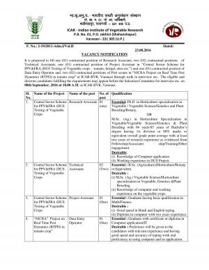 ICAR-IIVR Recruitment 2016 for 07 Research Associate and Other Posts