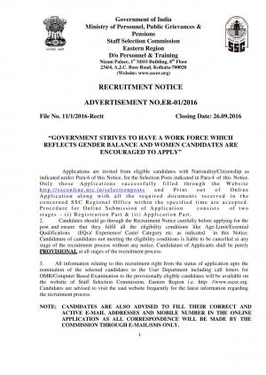 SSC (ER) Recruitment 2016 for 271 Group B & C Posts