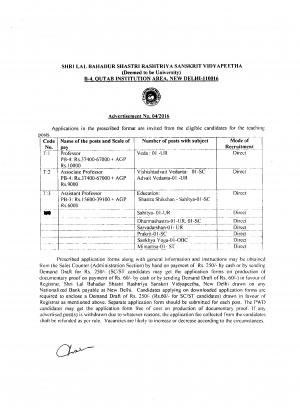 SLBSRSV Recruitment 2016 for 11 Faculty Posts