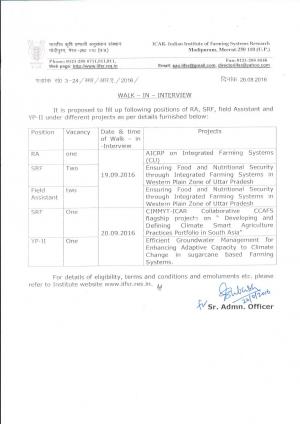 ICAR –IIFSR Recruitment 2016 for 07 SRF and Other Posts 