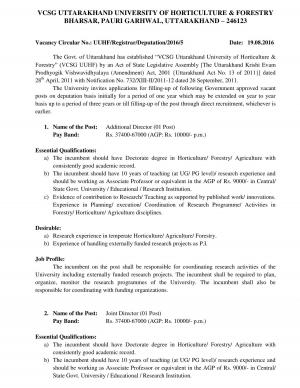 VCSG Uttarakhand University of Horticulture & Forestry Recruitment 2016 for 05 Faculty Posts