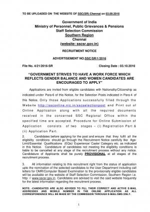 SSC-SR Recruitment 2016 for 20 Sr. RA & Other Posts