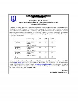 JNU Recruitment 2016 for 19 Faculty Positions 