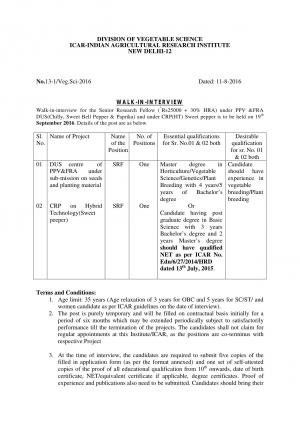 ICAR-IARI Recruitment 2016 for 02 SRF Posts