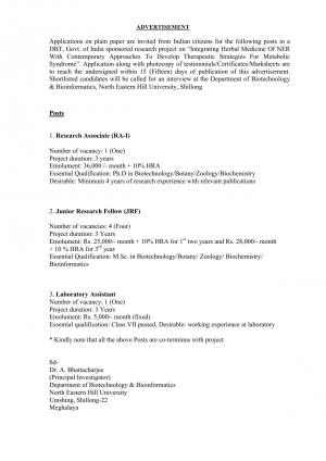 NEHU Recruitment 2016 for 06 Research Associate and Other Posts