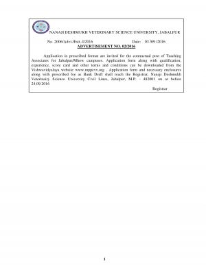 Nanaji Deshmukh Veterinary Science University Recruitment 2016 for Teaching Associate Posts