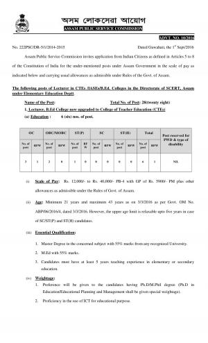 APSC Recruitment 2016 for 28 Lecturer Posts