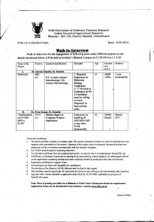 ICAR-DCFR Recruitment 2016 for 05 SRF and YP II Posts