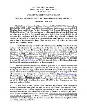 CAPF (ACs) Result 2016 declared by UPSC, Details at upsc.gov.in
