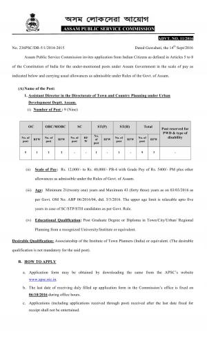APSC Recruitment 2016 for 09 Assistant Director Posts