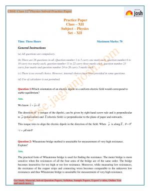 CBSE Class 12 Physics Solved Practice Paper: Set – XII