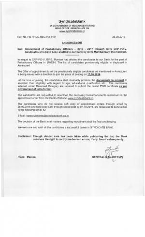 Syndicate Bank Announced Final List of eligible candidates through IBPS PO 5 | syndicatebank.in