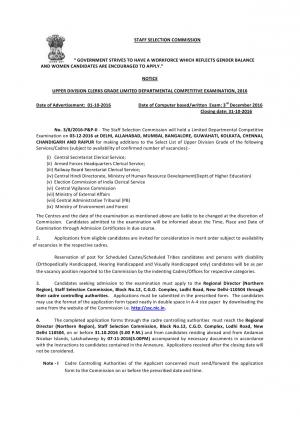 SSC Upper Division Clerks / UDC Exam 2016, Official Update released, Apply before 31 October