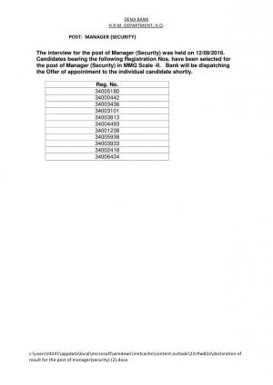 Dena Bank Declared Final Result for Manager (Security) Posts 2016