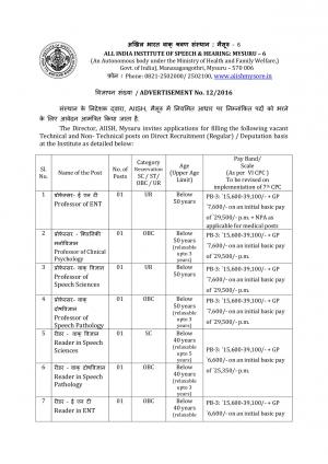 AIISH Mysuru Recruitment 2016 for 09 Technical and Non-Technical Posts, Apply before 04 November