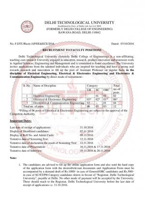 DTU Recruitment 2016 for 12 Assistant Professor Posts, Apply before 31 October