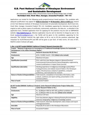 GBPNIHESD recruitment 2016 for 08 Junior Research Fellow & Other Posts