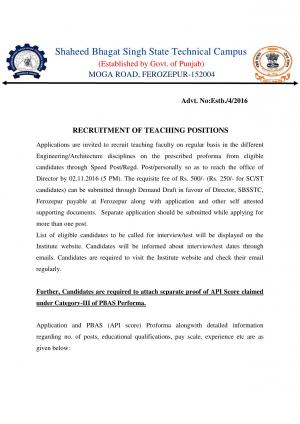SBSSTC Recruitment 2016 for 18 Faculty Posts