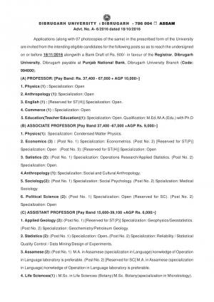Dibrugarh University Recruitment 2016 for 29 Professor & Other Posts, Apply before 18 November