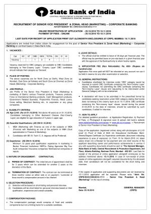 SBI Recruitment 2016 for 04 Senior Vice President and Zonal Head (Marketing) Posts  