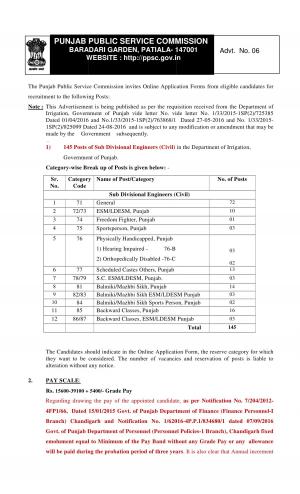 Punjab PSC Recruitment 2016 for 145 Sub Divisional Engineers (Civil) Posts 