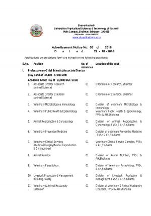 SKUAST, Srinagar Recruitment 2016 for 22 Faculty cum Admin Posts, Apply before 25 November